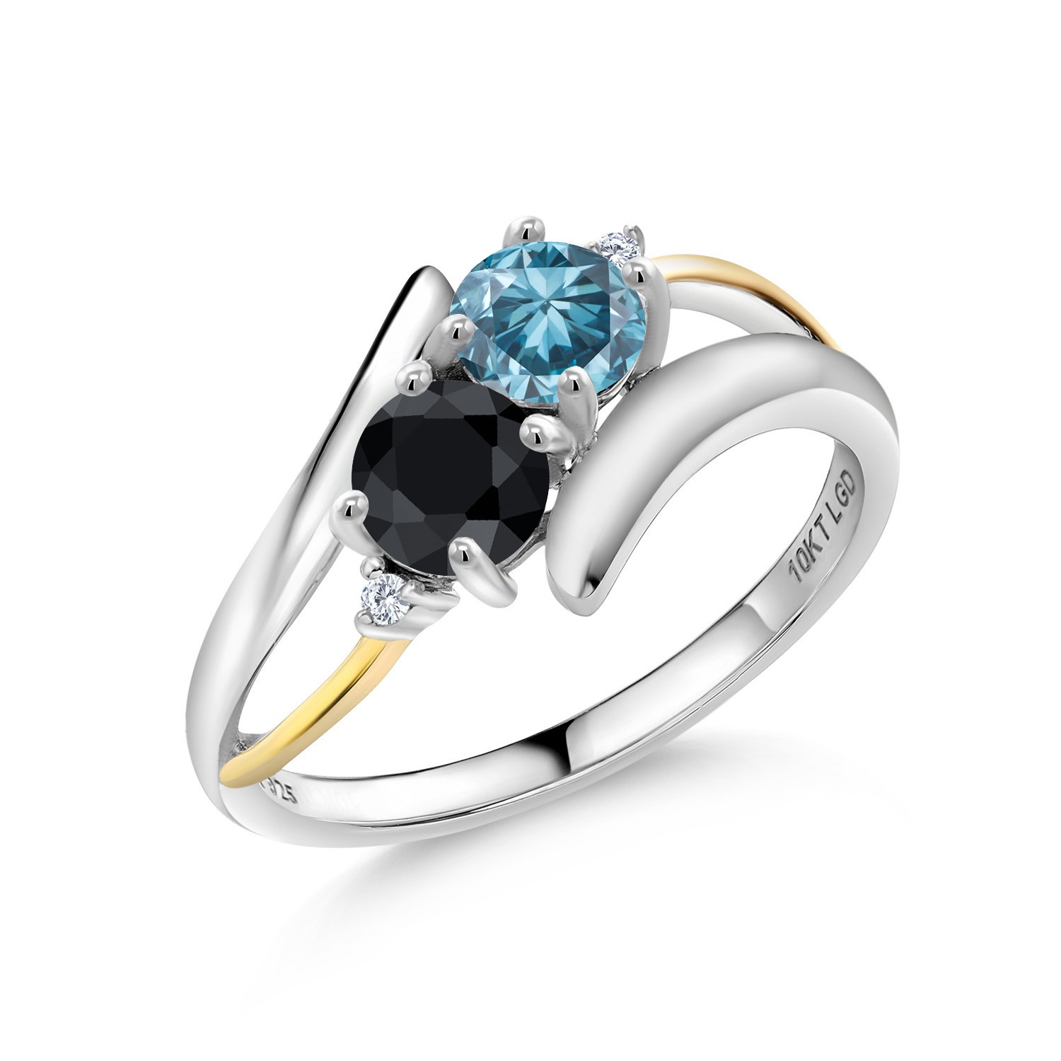 925 Silver and 10K Yellow Gold Blue Lab Grown Diamond and Black Sapphire and