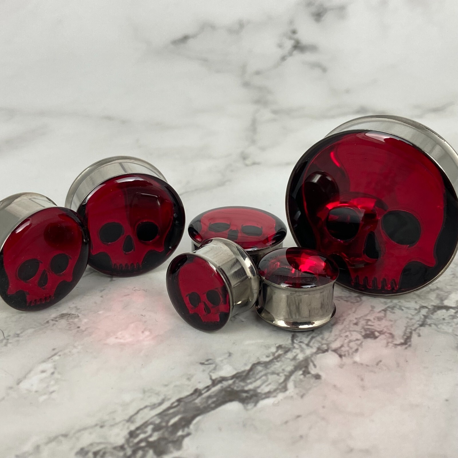 Pair of Embedded Red Chrome Skull Double Flare Plugs gauges tunnels