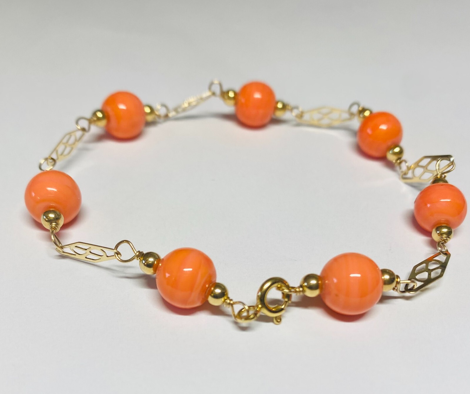 14 Karat Yellow Gold Filled Simulated 8mm Pink Coral 7.5″ Plaque Bracelet