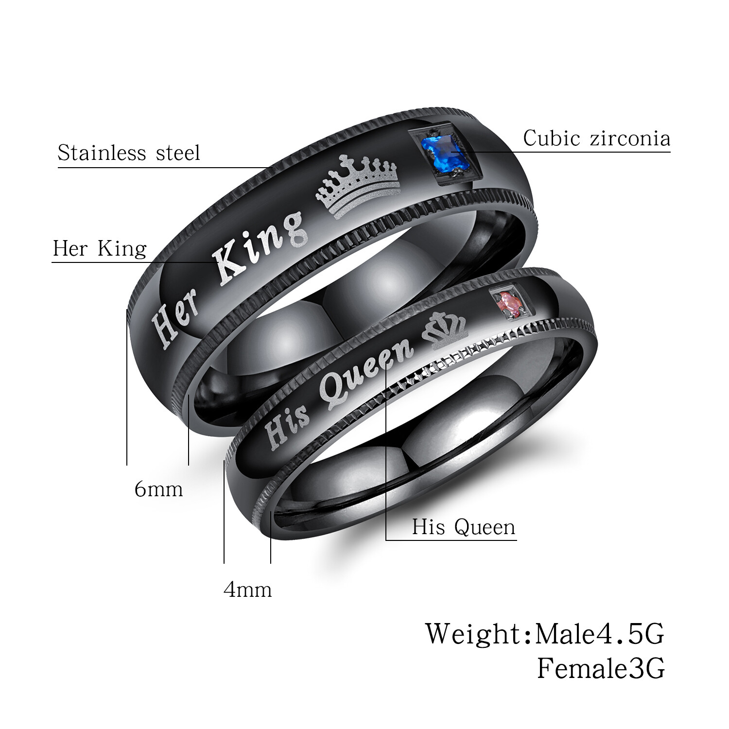 2pc Couple His Queen&Her King Rings Stainless Steel CZ Band Valentine’s Day Gift