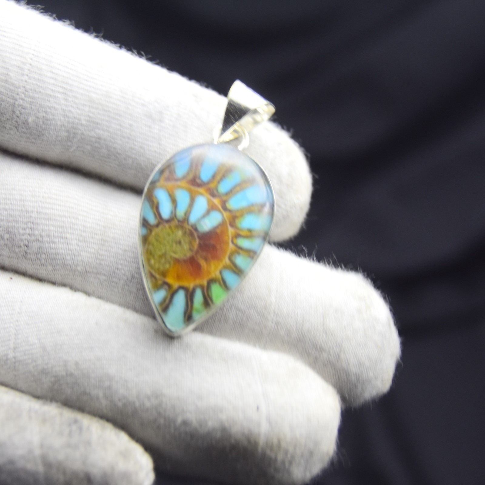 925 Sterling Silver Blue Ammonite Fossil Gemstone Pendant Handmade Jewelry Pear