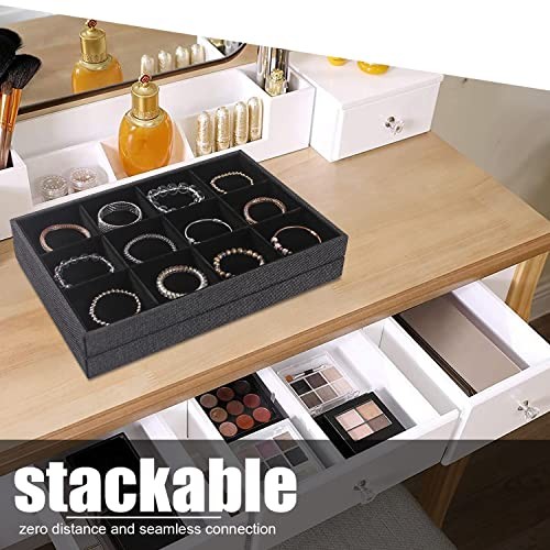 2Pcs 12 Grids Stackable Jewelry Organizer 12 Grid Tray + 12 Grid Tray Black