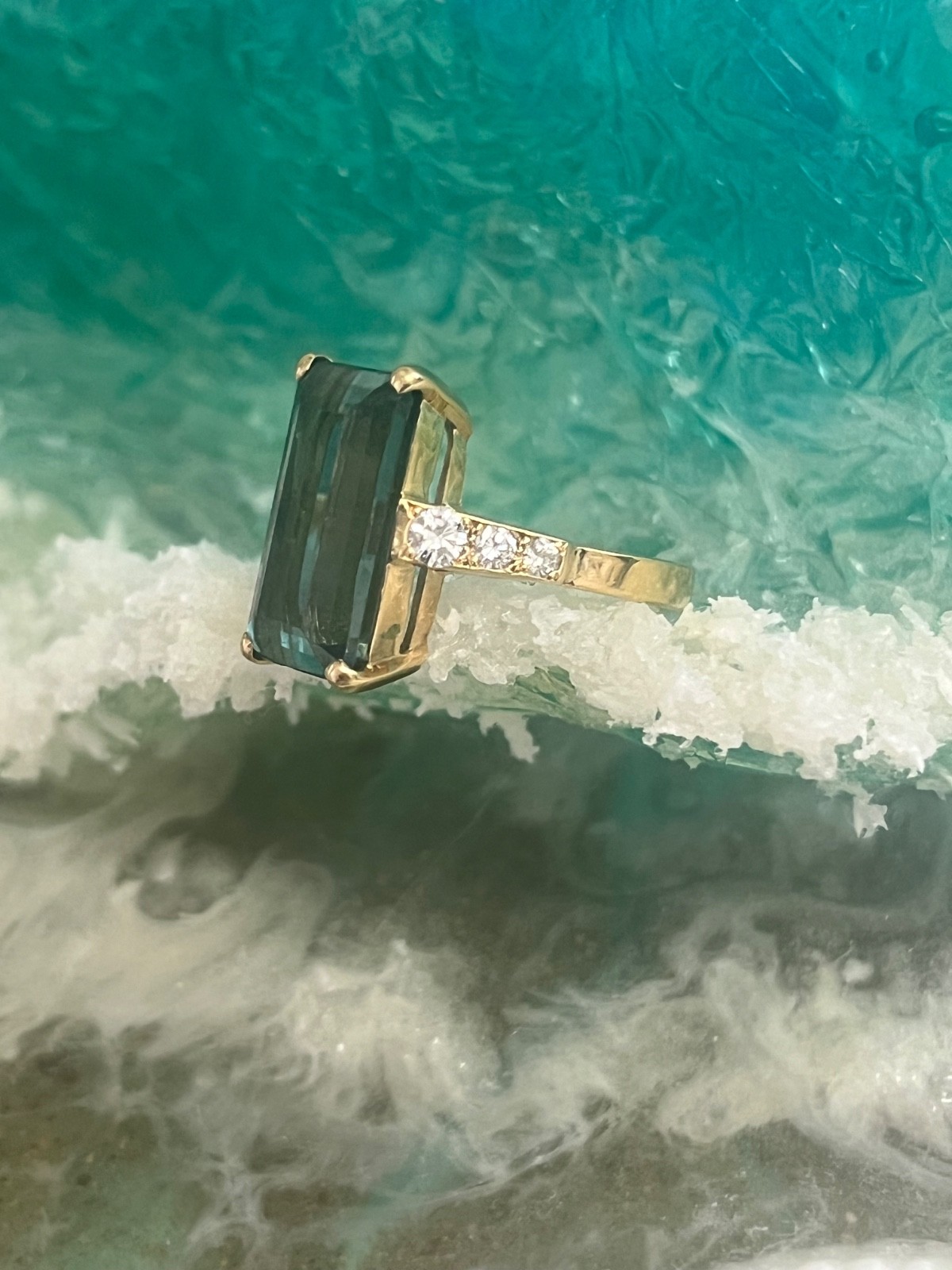Yellow Gold Rectangle Indicolite Tourmaline with Diamond Ring Vintage