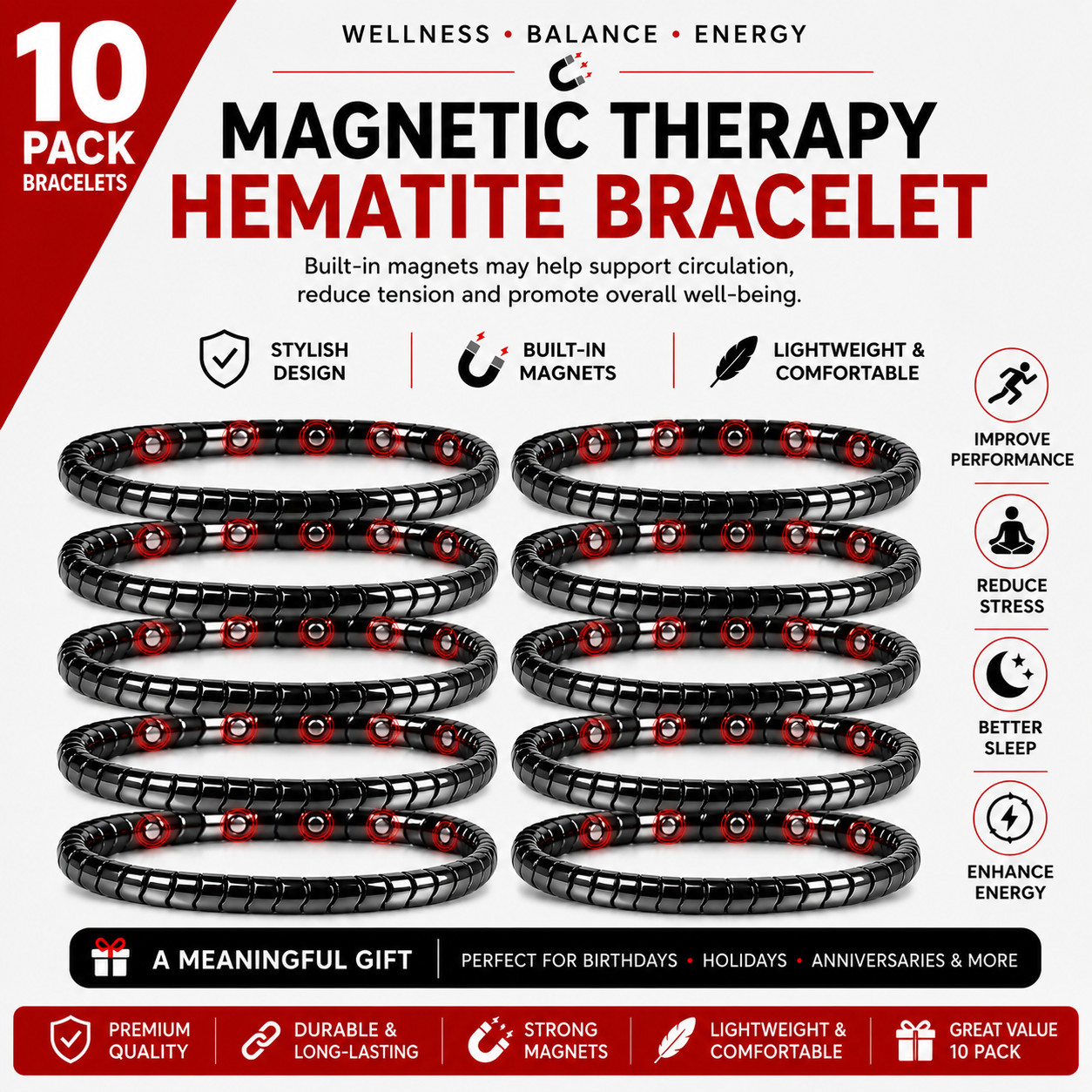 10 PACK Magnetic Therapy Hematite Bracelet 8mm Beads for Men and Women