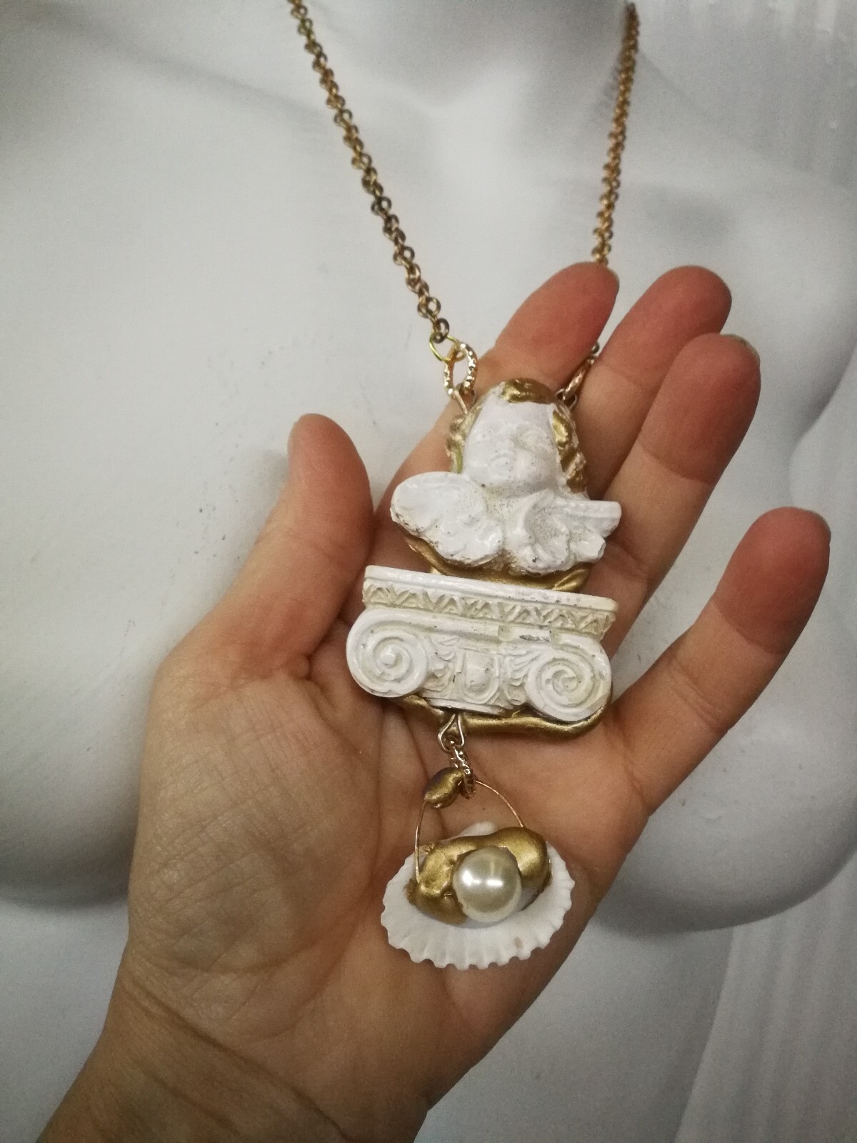 Winged Angel Cherub Talisman Baroque Pendant Amulet Shell Charm Jewelry Necklace