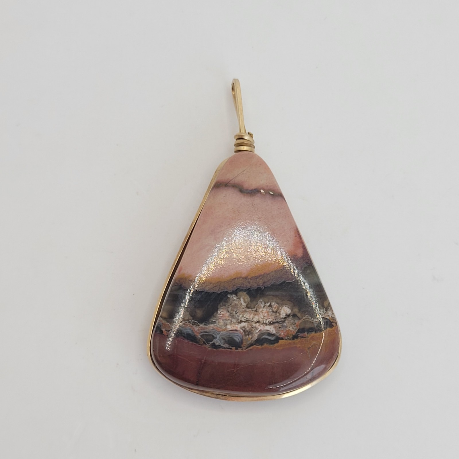 Vintage Gold Tone Wire Wrap Pink Purple Brown Mookaite Jasper Stone Pendant