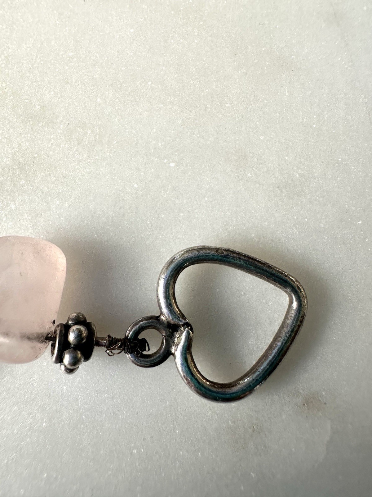 Natural Rose Quartz Nugget Bracelet Heart Toggle Clasp Silver Tone 7.5”