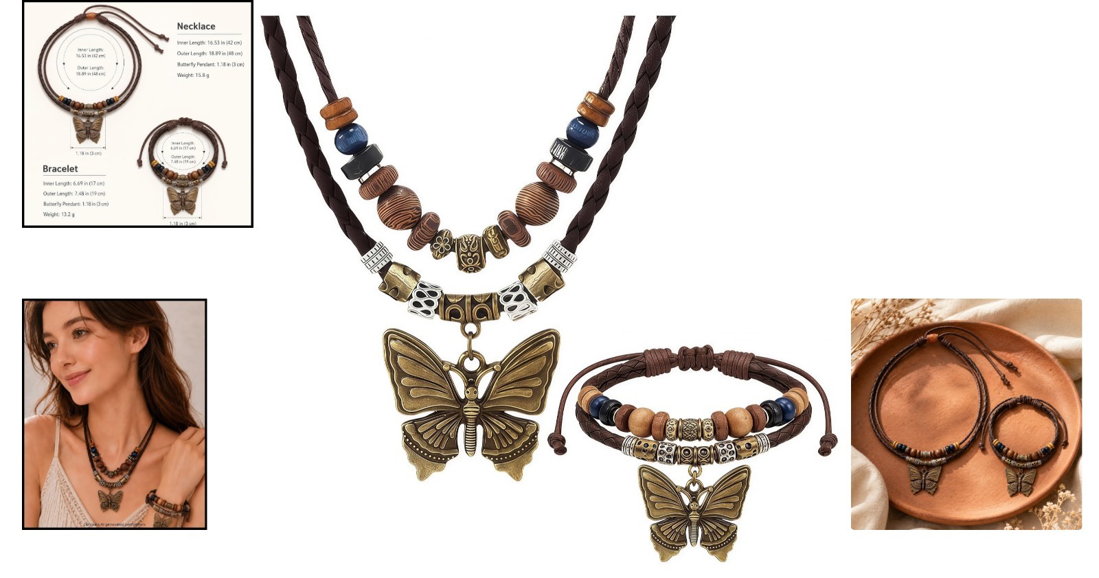 Artisan Bohemian Jewelry Set – Butterfly & Floral Designs, 4-Piece Accessory Set