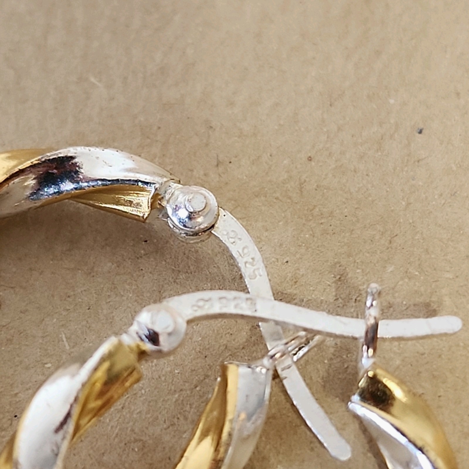 925 Sterling Silver Two-Tone Twisted Round Hoop Earrings, Snap Closure, Signed