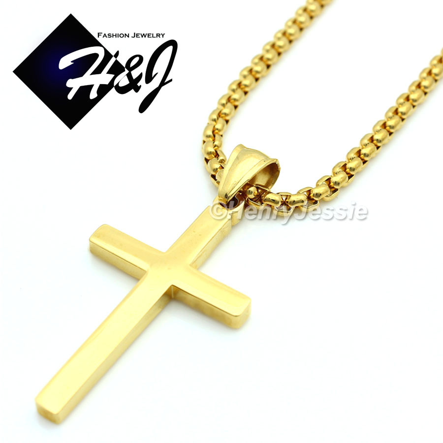 16″-30″Stainless Steel 2mm Gold Plated Box Link Chain Necklace Cross Pendant*GP