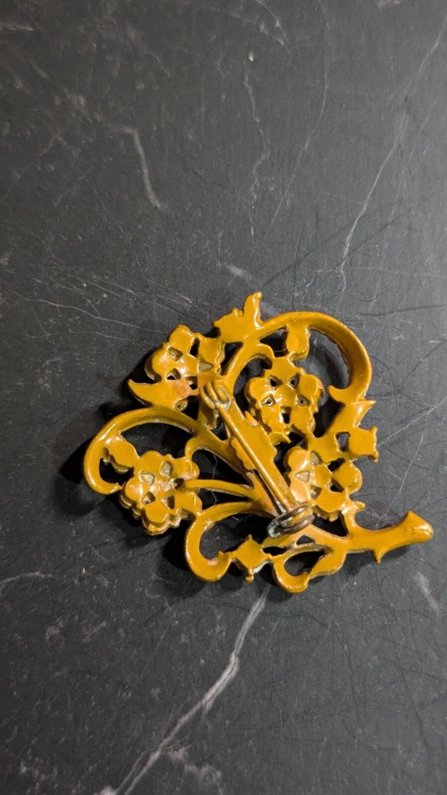 Vintage Mustard Yellow Enamel Blue Rhinestone Flower Brooch Pin 2 Inch Floral