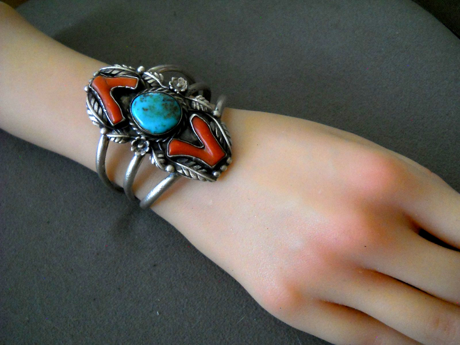 Native American Navajo Rich Blue Turquoise Branch Coral Sterling Silver Bracelet