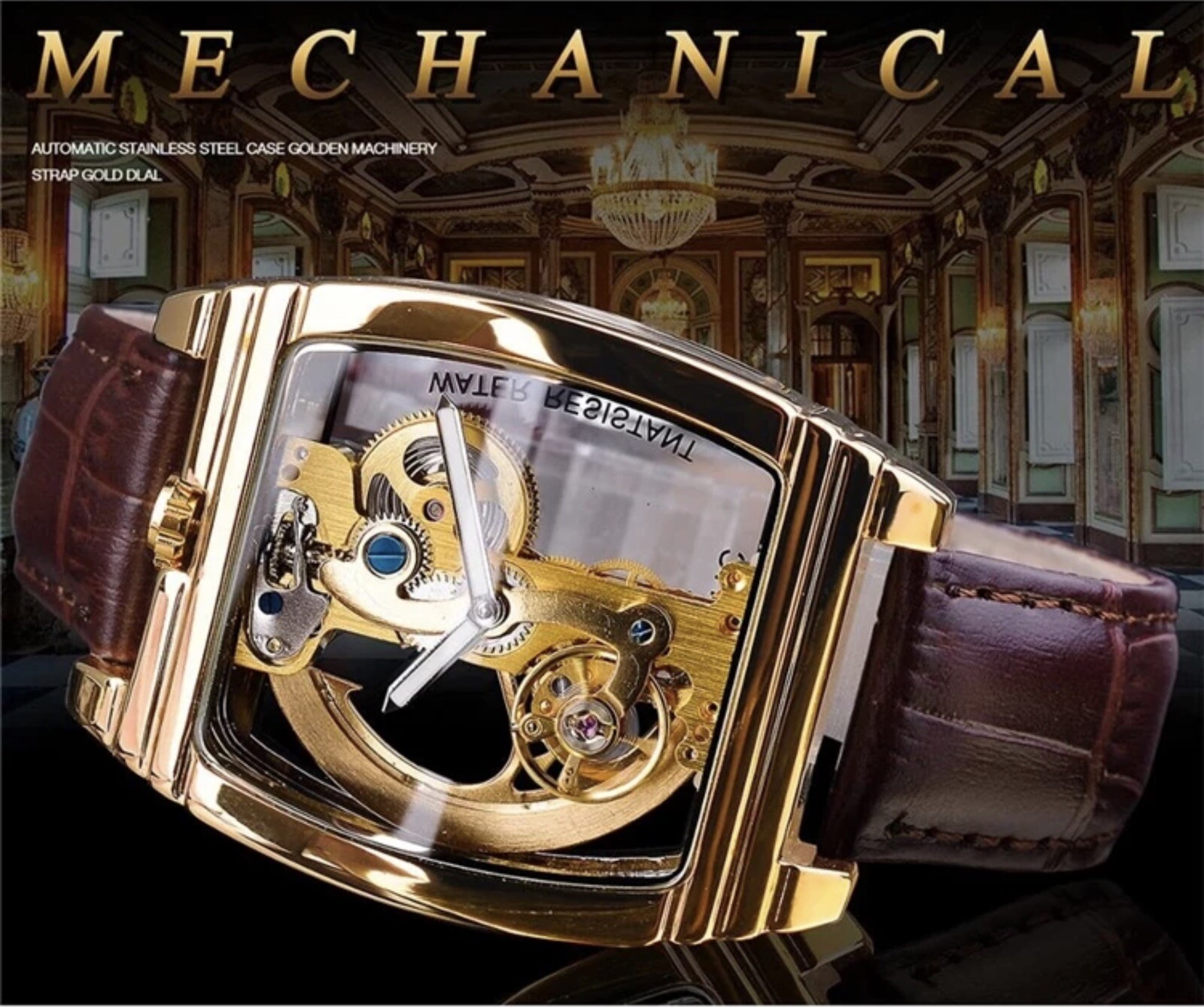Mens Skeleton Mechanical Waterproof Luxury Watch Leather Hollow Great Gift Idea