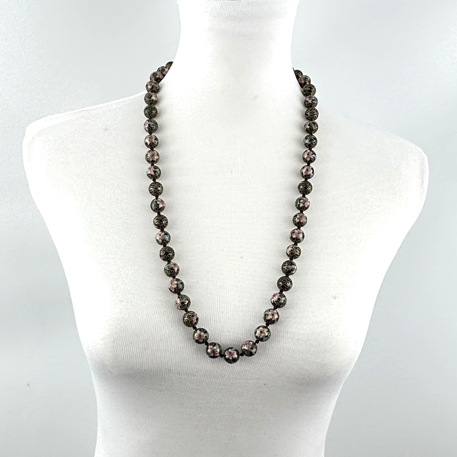 CLOISONNÉ vintage necklace – black & pink enamel floral beads 30″ Chinese export