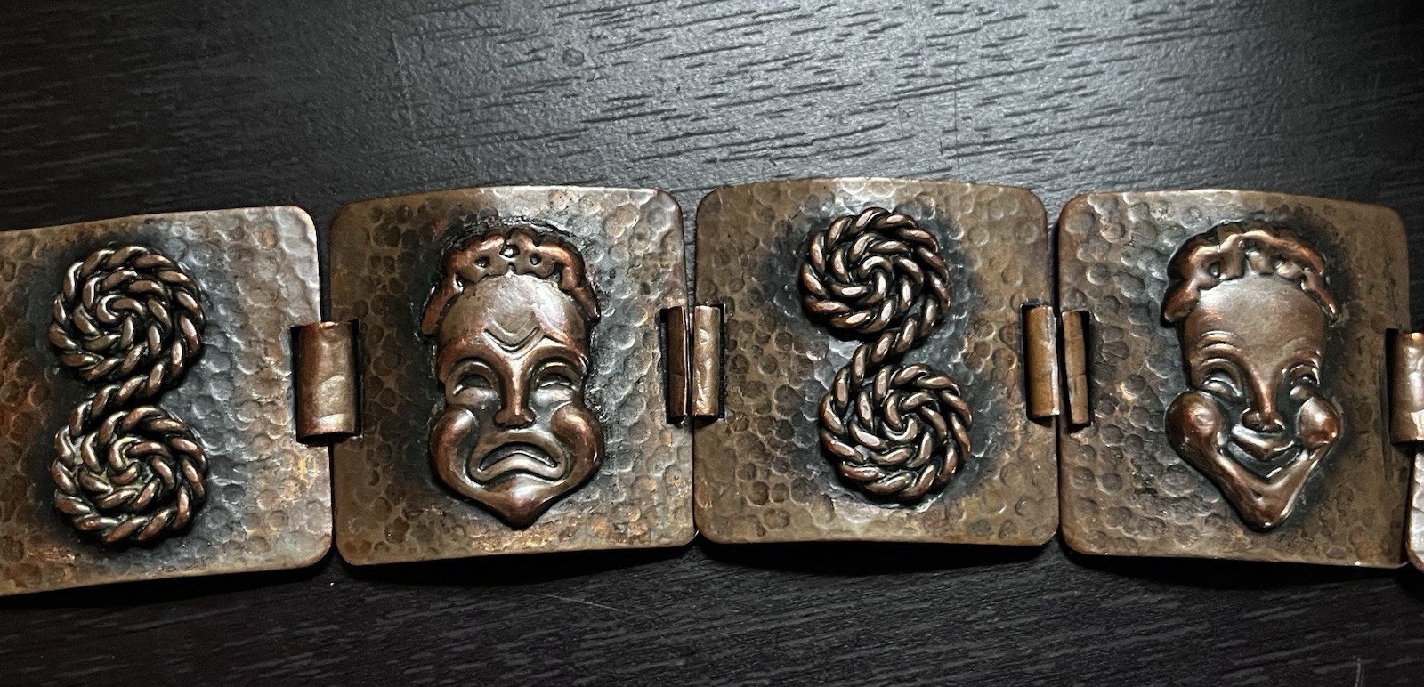 Vintage Renoir Copper Theater Drama Comedy Tragedy Masks 6.75″ Links Bracelet