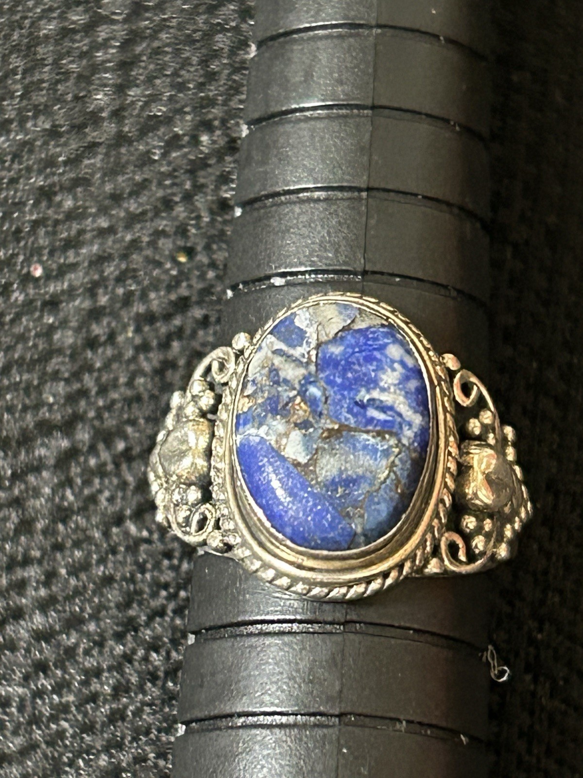 Vintage 925 Sterling Silver Blue / White Swirly Genuine Stone Ring Size 6.75