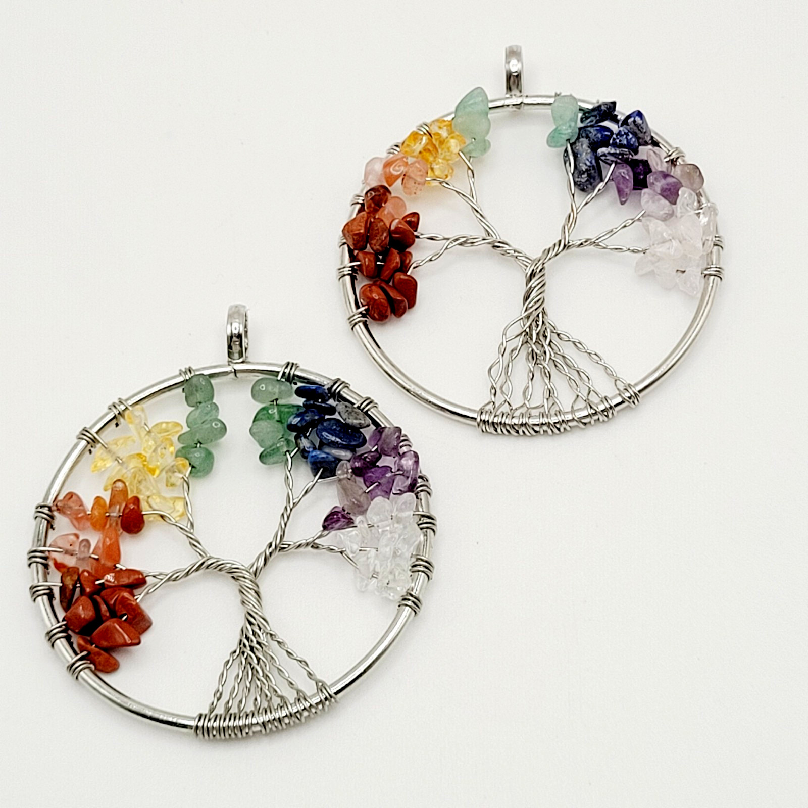 2 Tree of Life Silver Tone Twist Crystal Multi Stone Seven Chakras Round Pendant