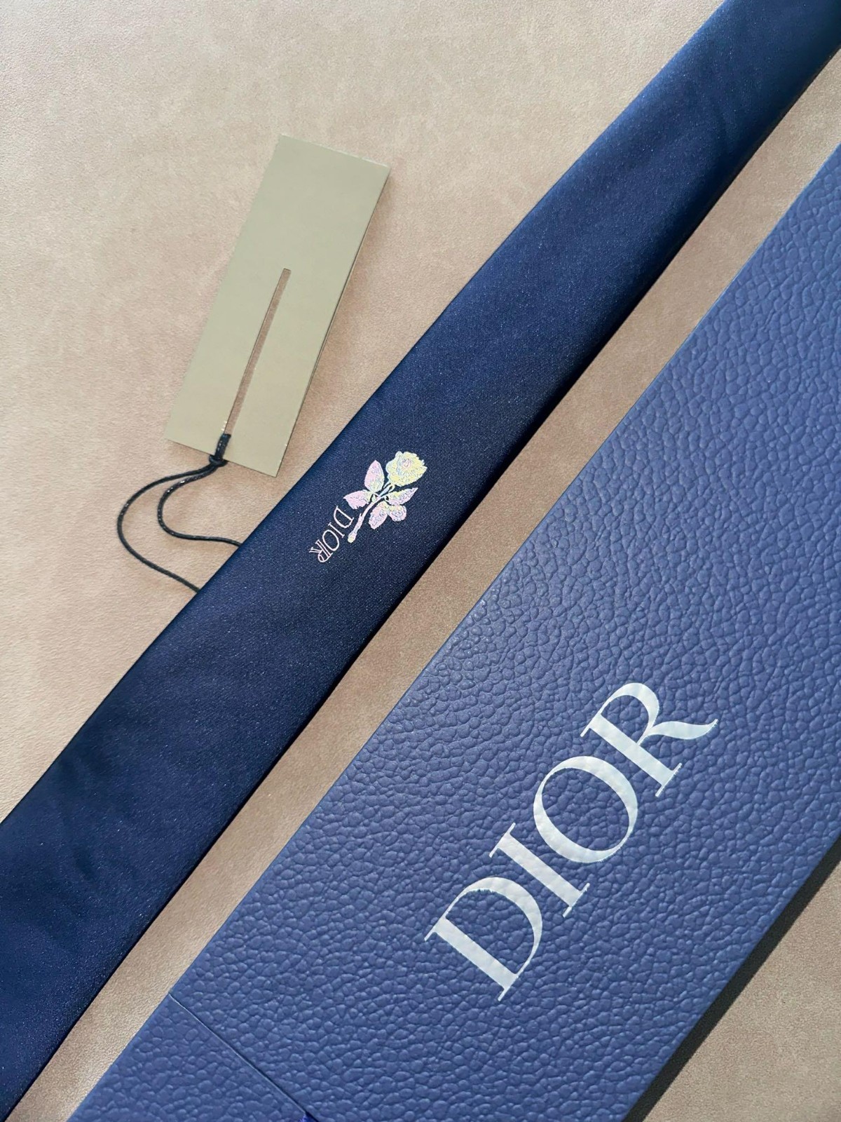 Dior Silk Tie Solid Navy Blue Floral Logo Rose Pattern Made in Italy 2.75 Widest