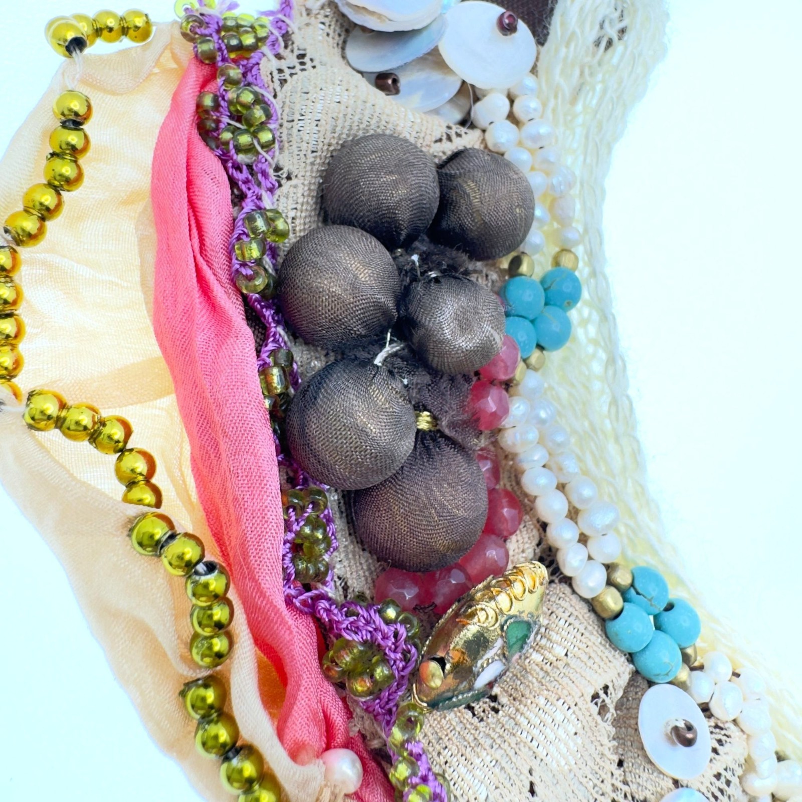 Boho Handmade Turkish Bib Collar Statement Necklace Rustic Fiber Lace Fabric
