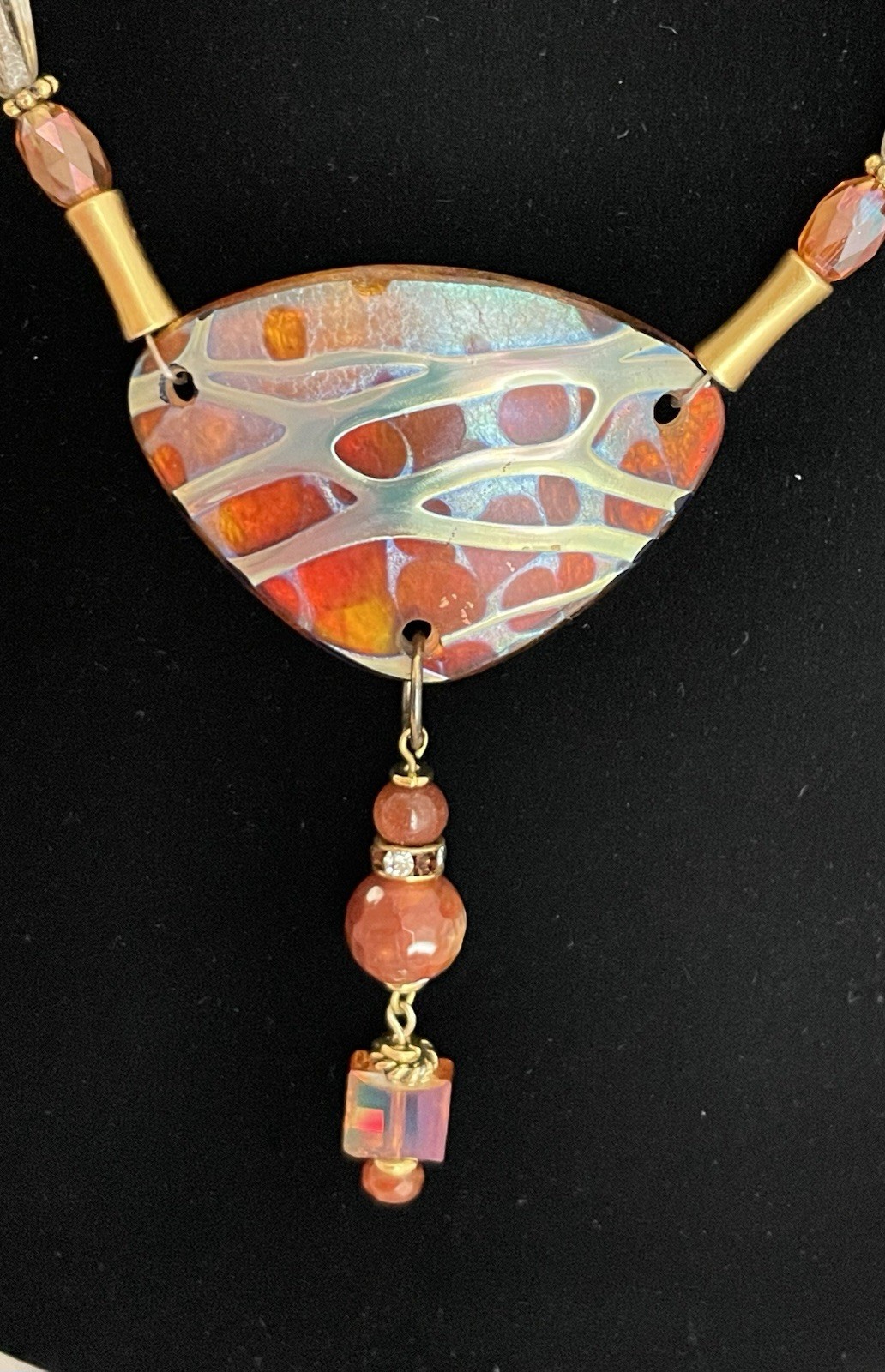 Metal Glass Quartz Stone Pendant Necklace 25 inch Stunning Fire Gift Artisan