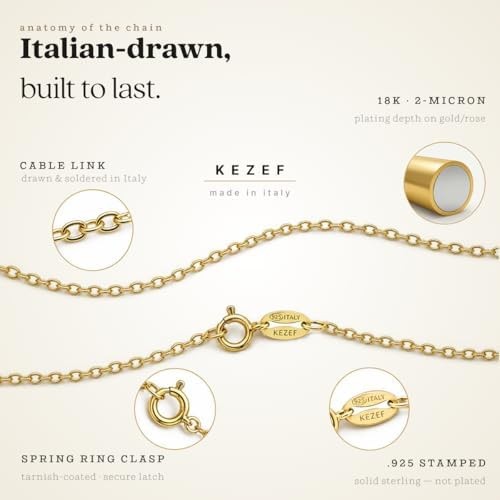 KEZEF 18K Gold Plated 925 Sterling Silver Box Chain Necklace for Women, 1mm T…