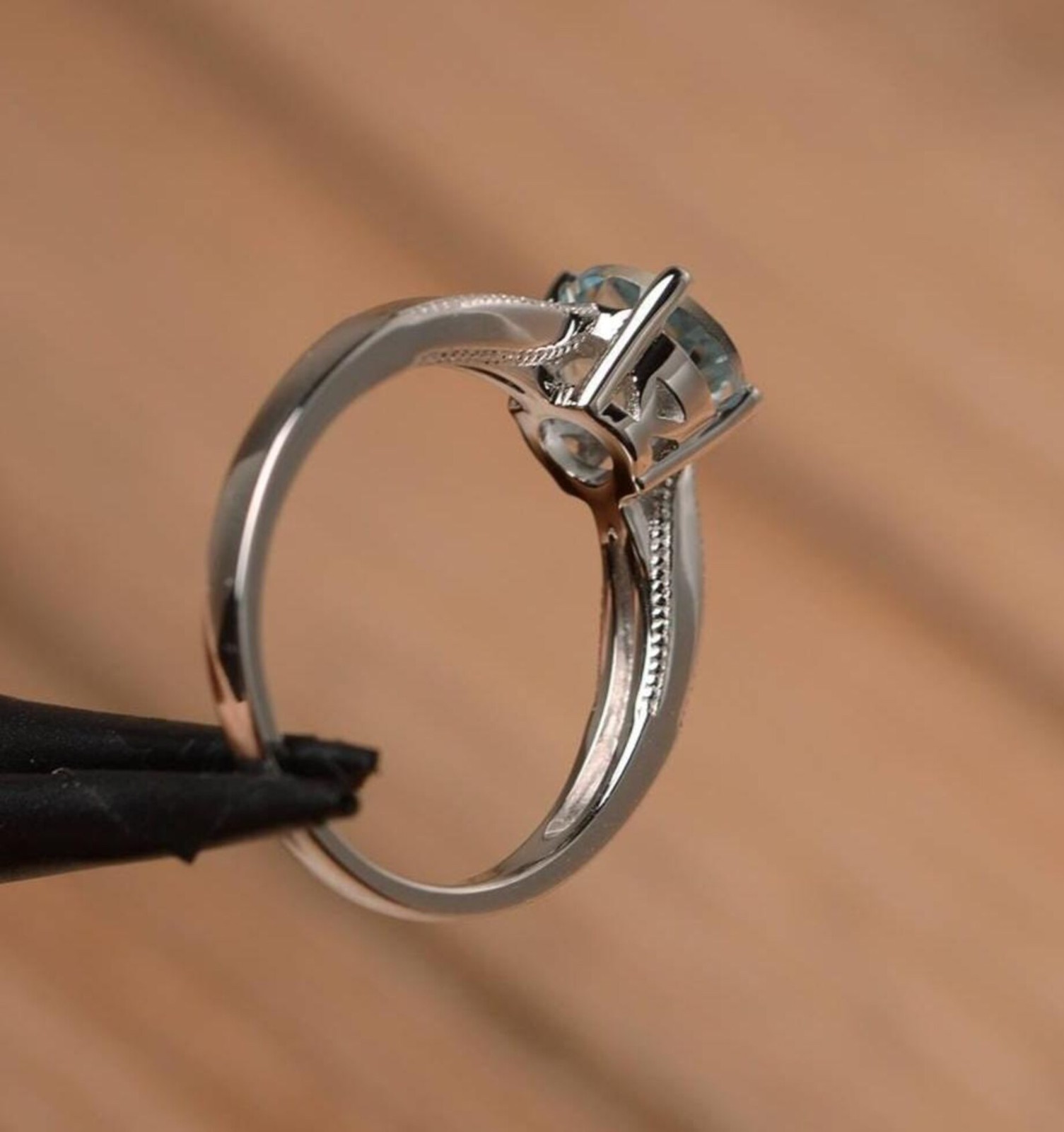 Aquamarine Ring 925 Sterling Silver Round Cut Solitaire March Birthstone Gift