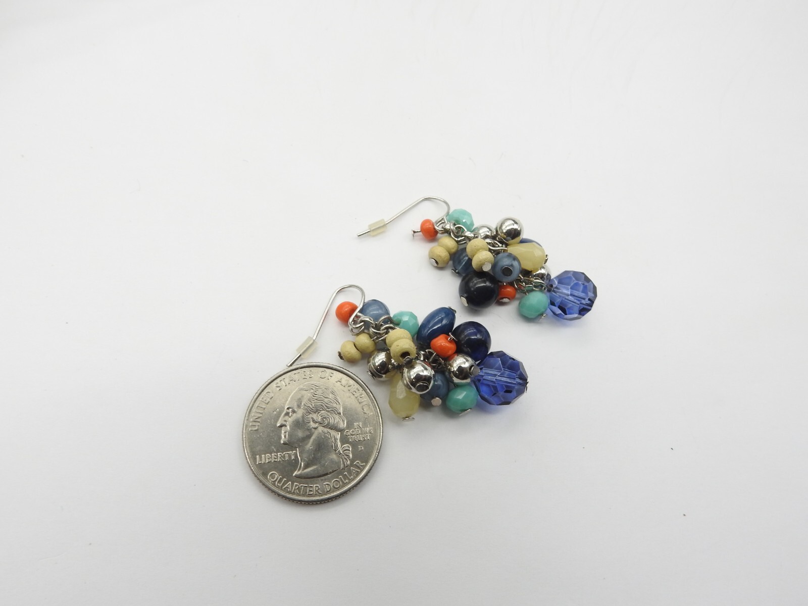 Blue Orange Beige Silver Glass Plastic Crystal Beaded Pierced Earrings Vintage