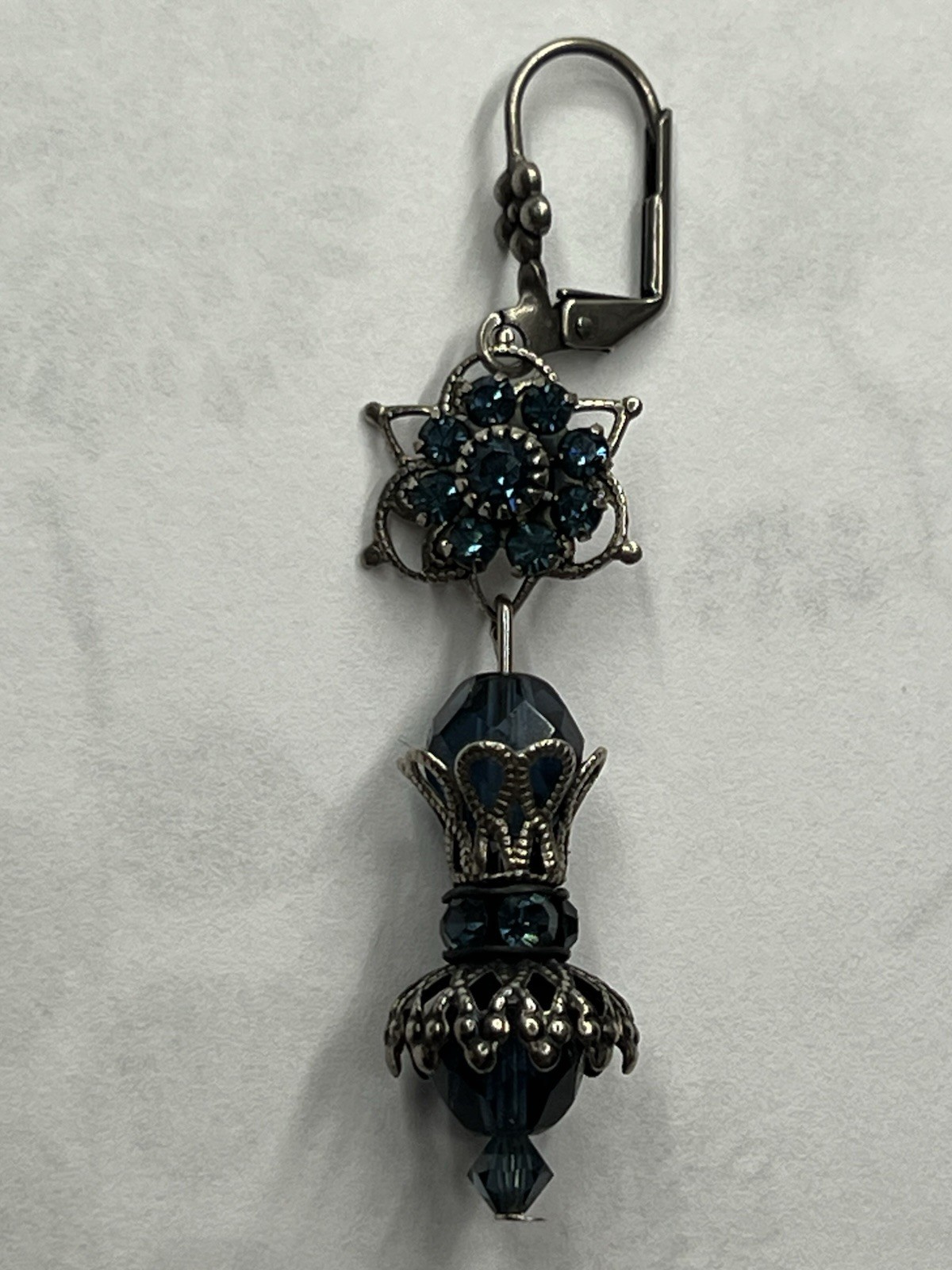 Blue Crystal Flower Dangle Drop Leverback Earrings Silver Tone Metal
