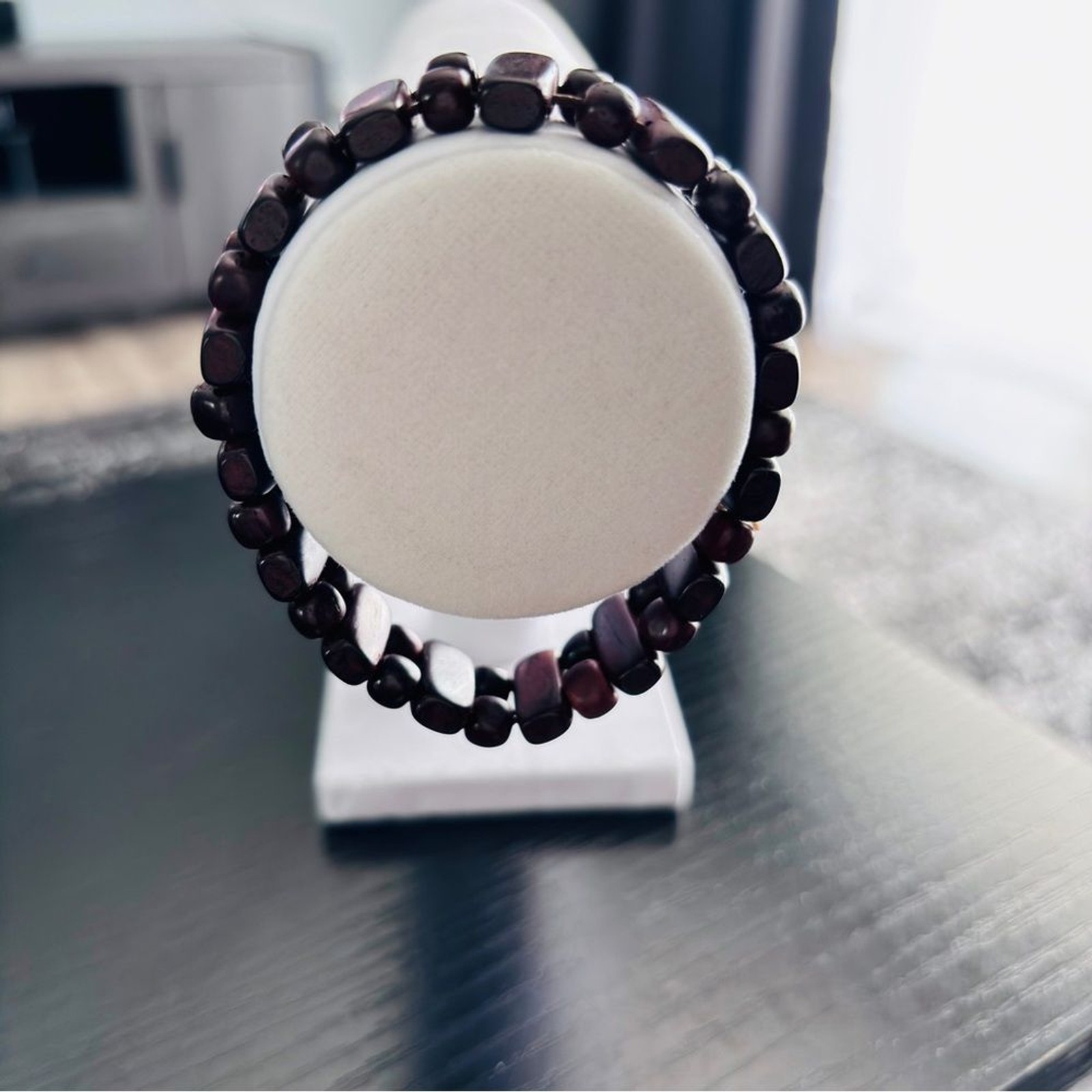 Boho Burgundy & Black Wooden Bead Stretch Bracelet Double Strand