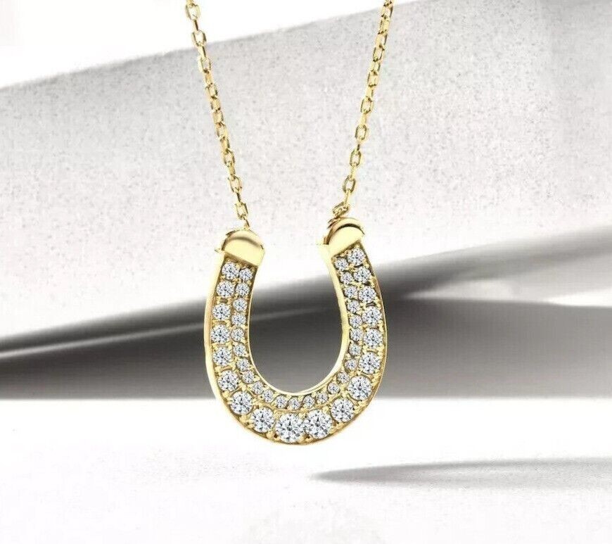 1.50Ct Round Cut Simulated Diamond Horseshoe Pendant 14K Yellow Gold Plated