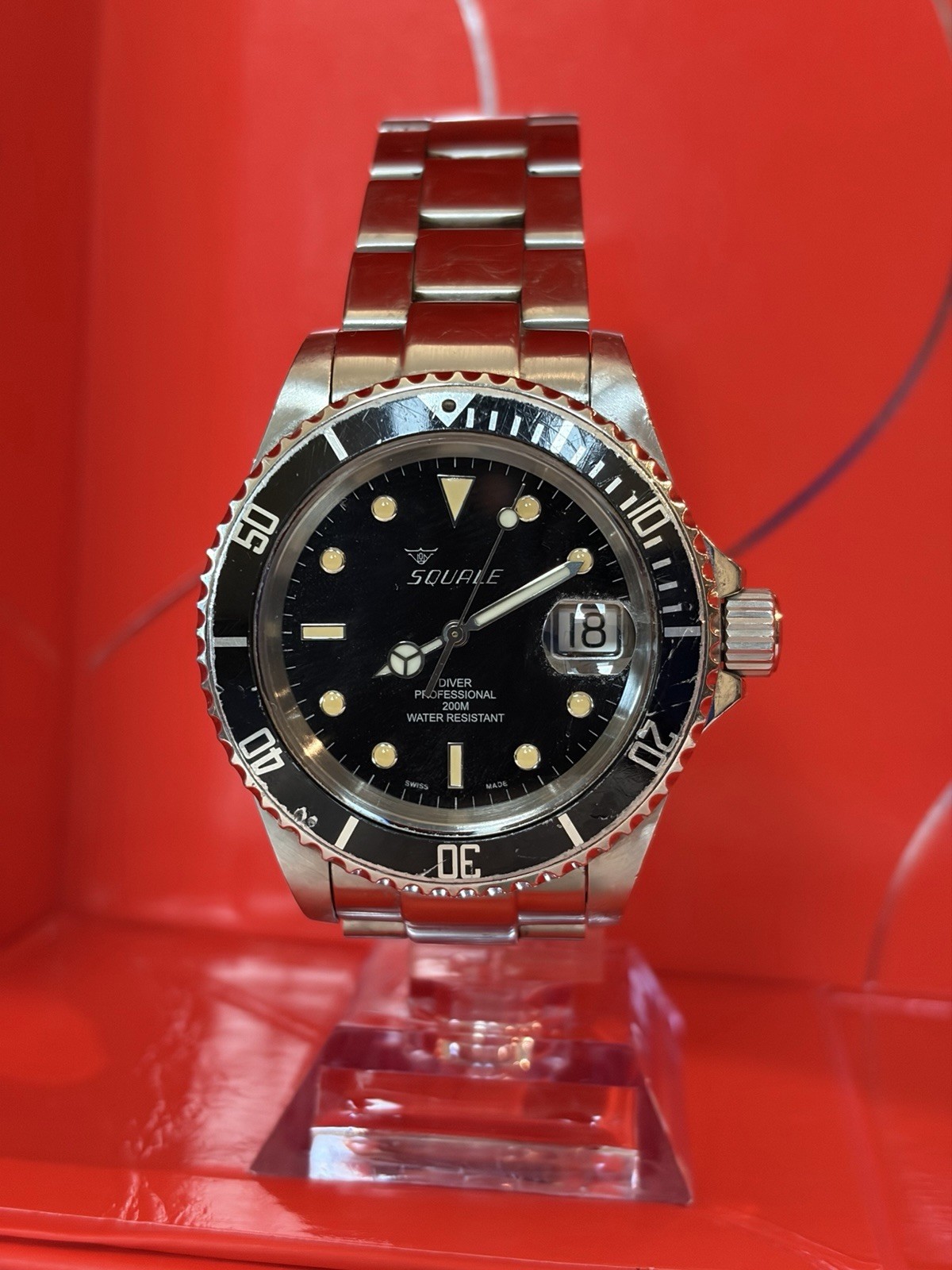 Squale 1545 Swiss Automatic Diver 200m Black Dial Steel Bracelet Date Box