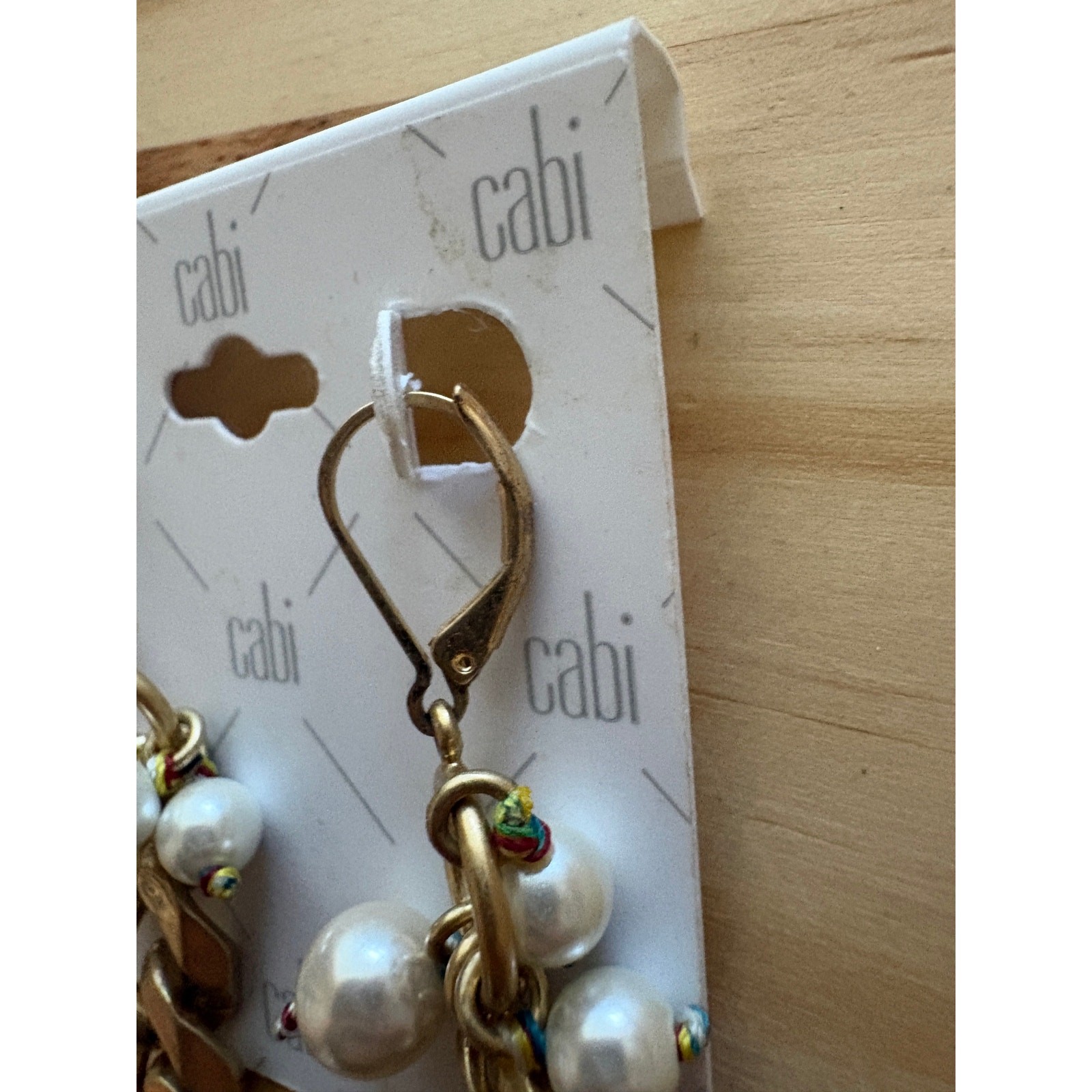 Cabi Wisdom Earrings Brushed Gold Color Chain Faux Pearls Dangle