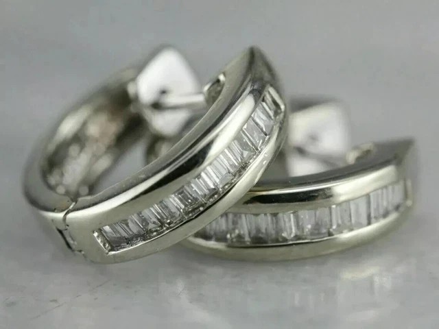 1.60 Ct Baguette Cut Created Diamond Huggie Hoop Earrings 14k White Gold Finish