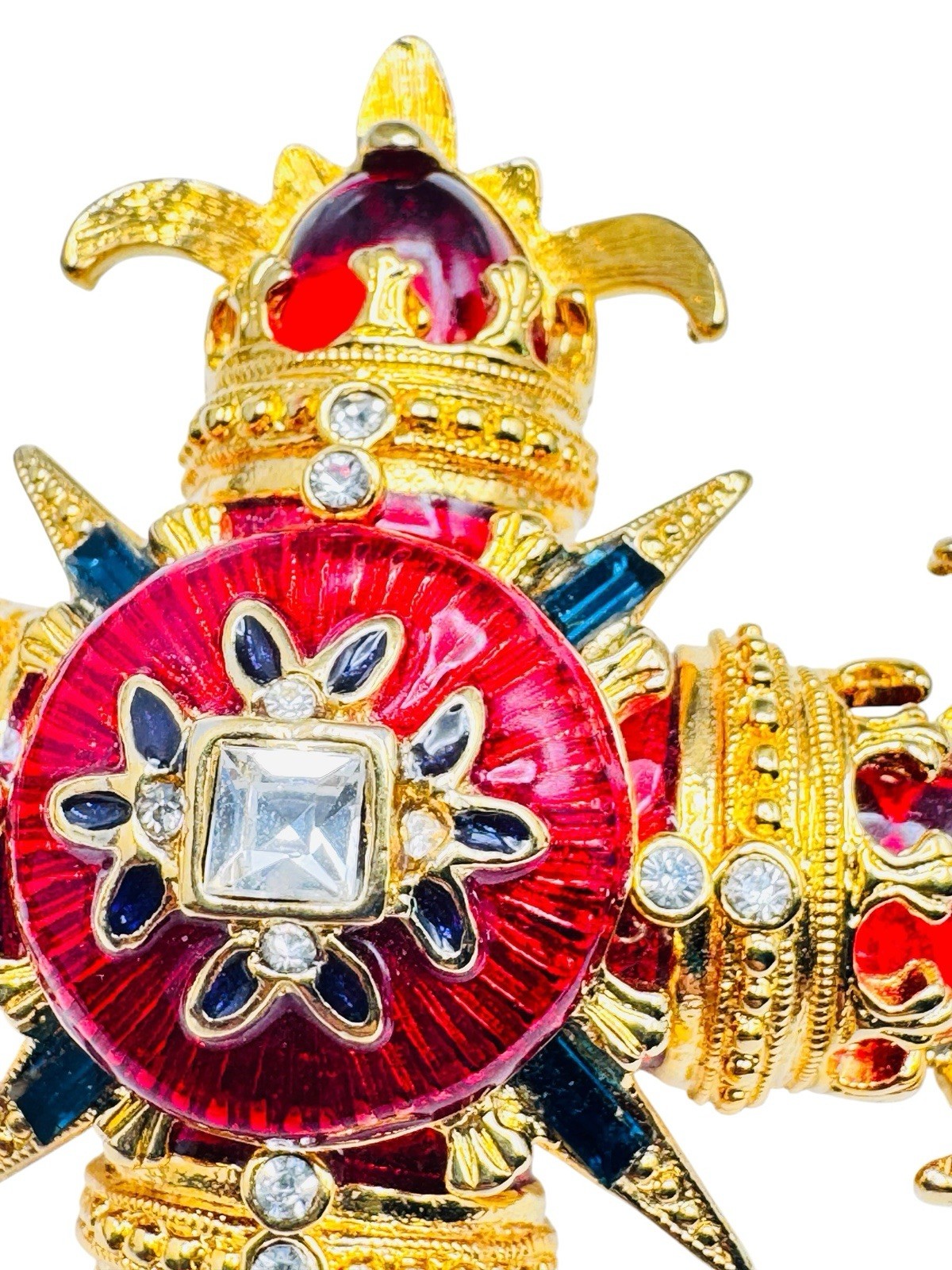 Vintage RJ Graziano Maltese Cross Red Enamel Brooch Pin Gold Tone Blue Baguettes