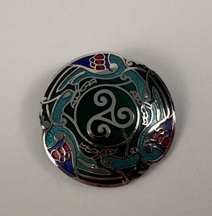 Sea Gems Enamel Celtic Birds & Triskele Round Brooch Silver Tone Made In England