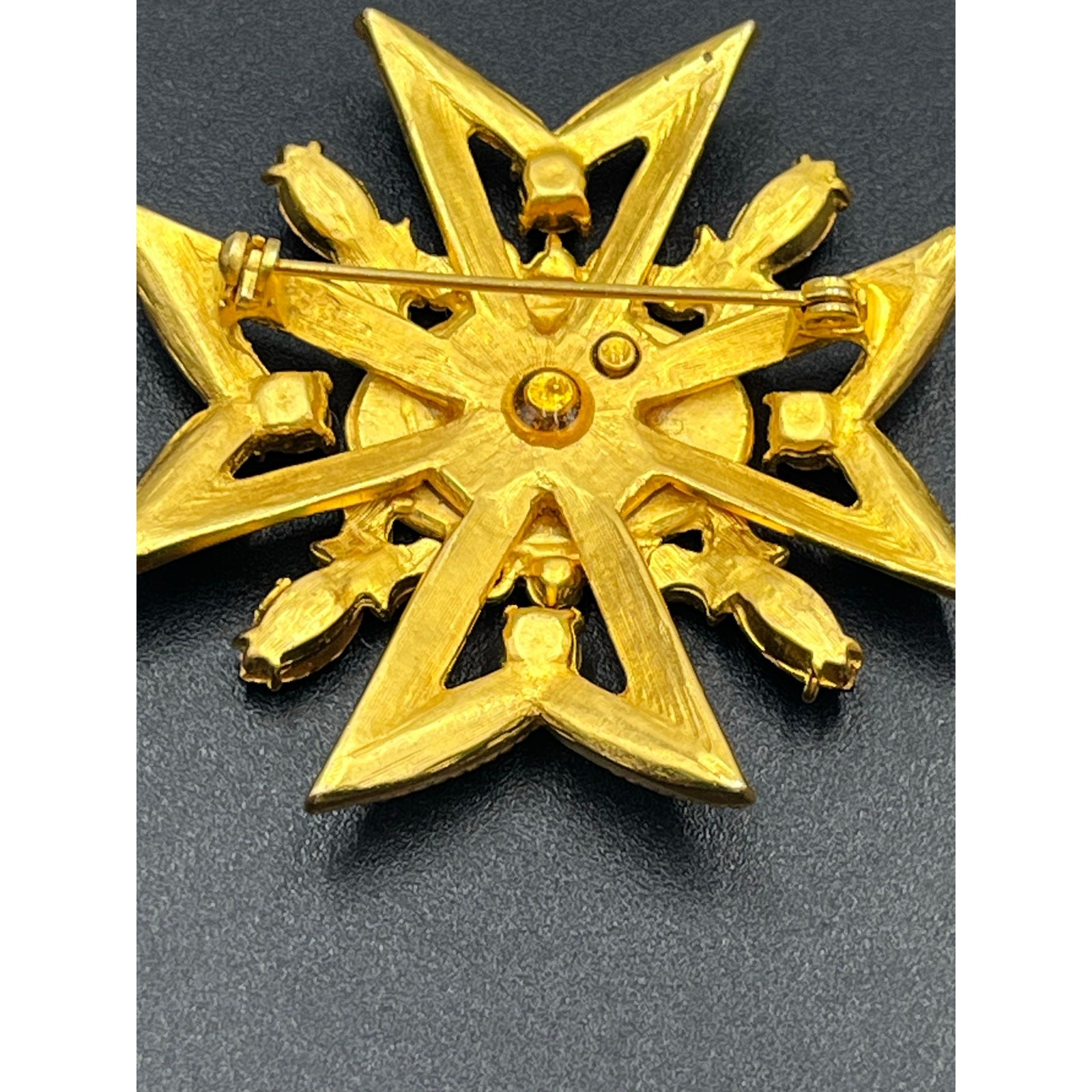 Russian Maltese Cross Red Rhinestone Black Enamel Pearl Crown Eagle Brooch