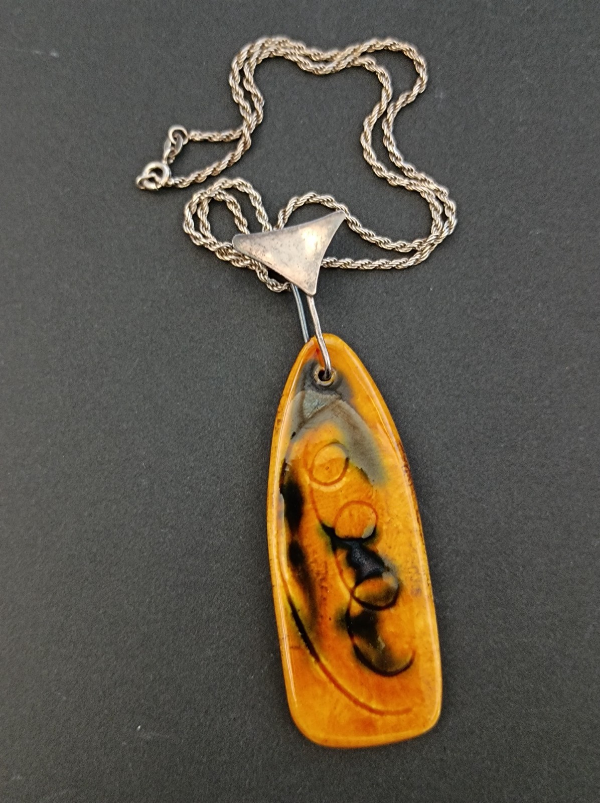 VTG Silver Modernist Israeli Enamel Necklace Abstract 60s 7Os Mustard Yellow 925
