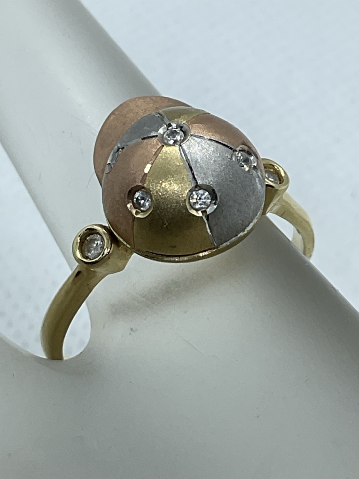 HANDMADE Solid 14K Tricolor Gold White CZ DOME Style ROTATING BASEBALL CAP Ring