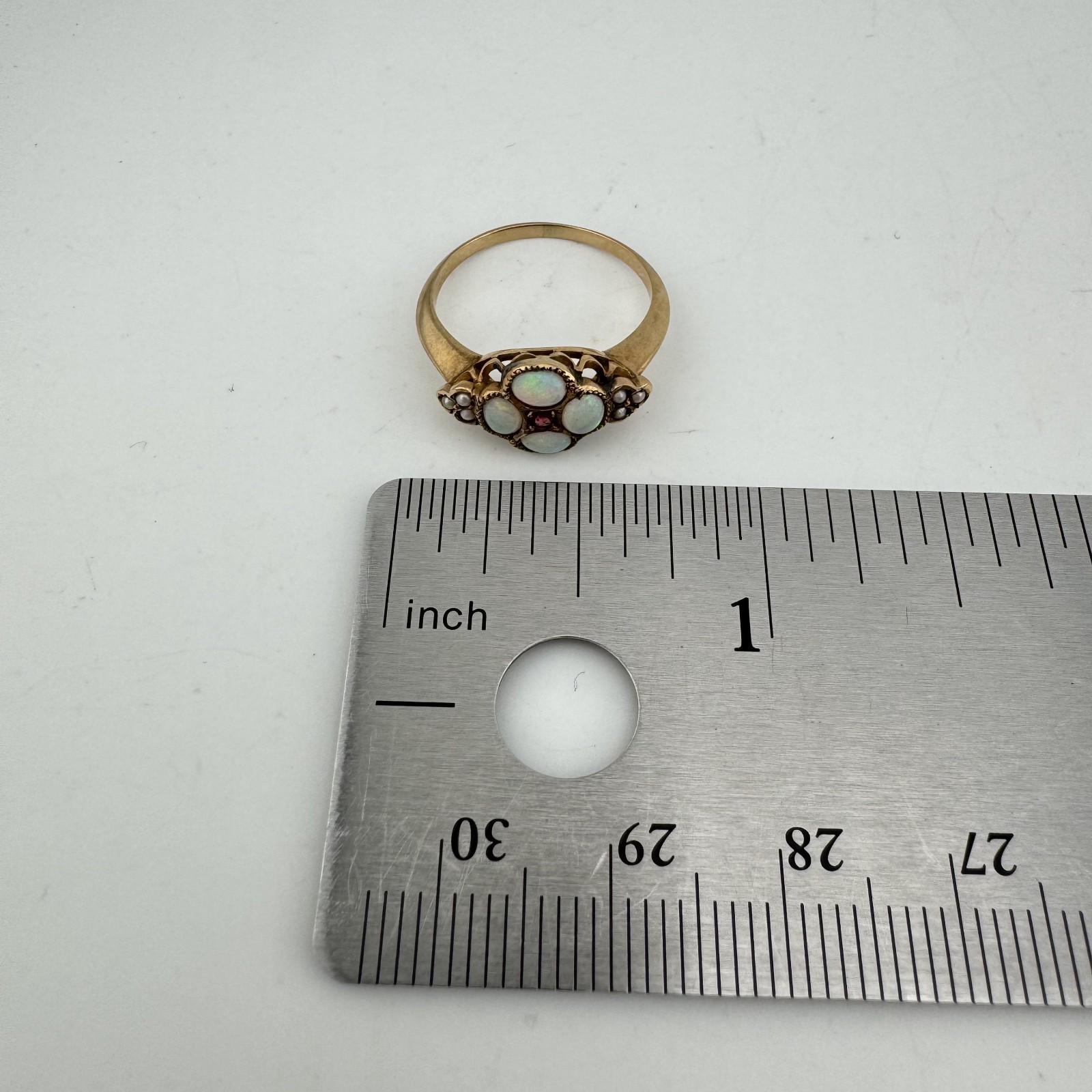 Antique Victorian 9K Yellow Gold Natural Opal & Seed Pearl Cluster Ring Size 5.5