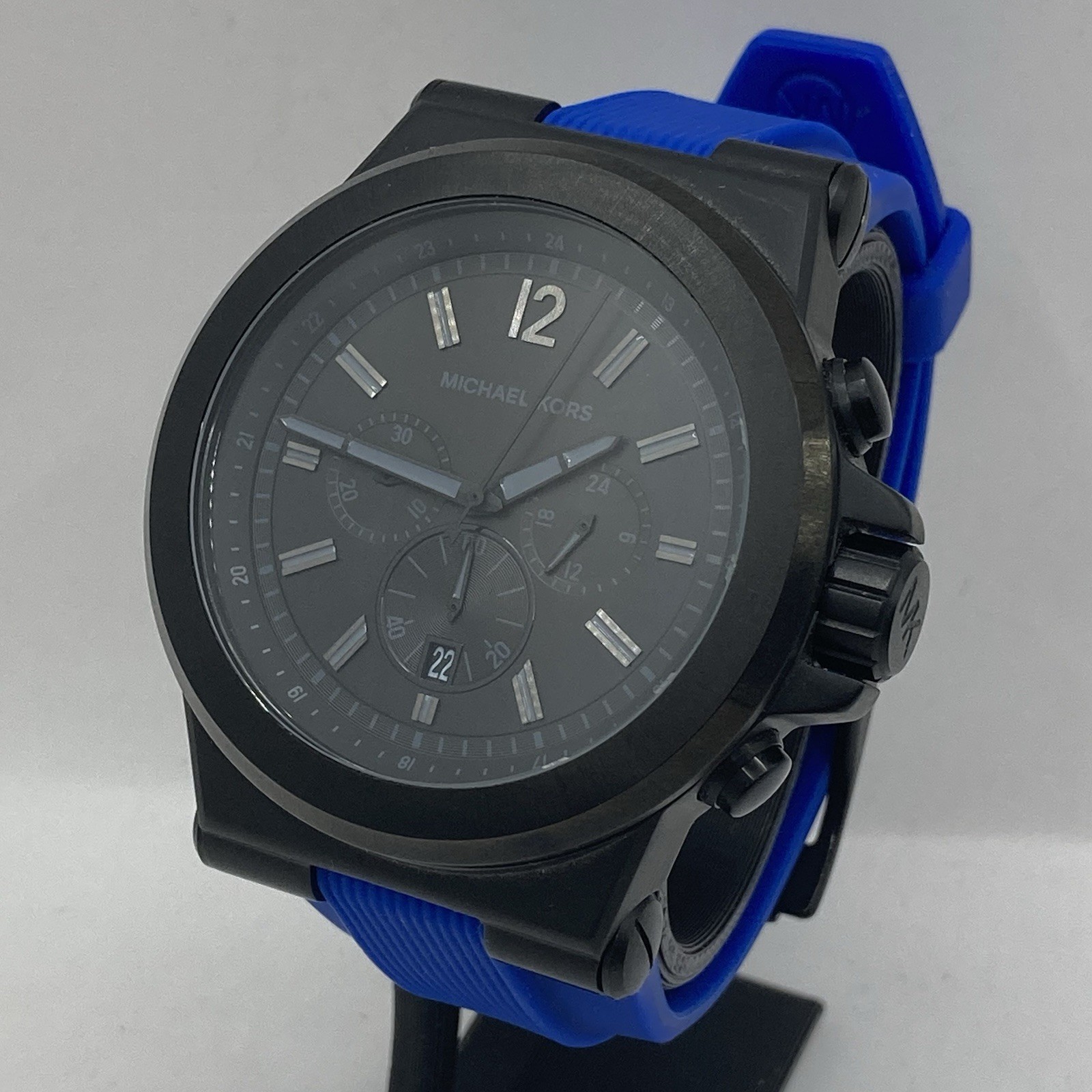 Men’s Michael Kors Dylan Blackout Chronograph 48mm Blue Silicone Band Watch Runs