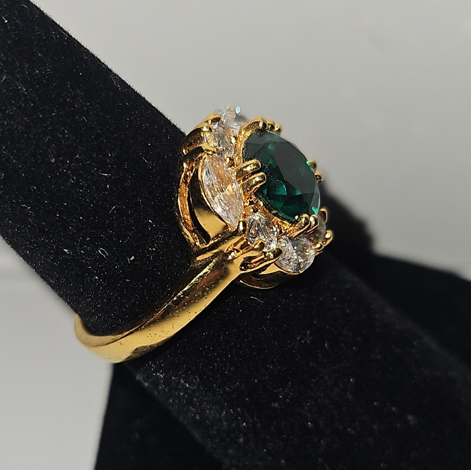 Lab-Created Emerald Halo Cocktail Ring 12k Yellow Gold Plated band Size 7