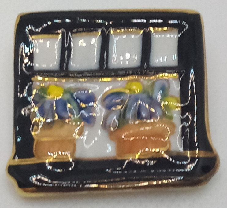 Vintage Ceramic Enamel Flower Pots On Window Sill Brooch Pin Gold Tone Accents