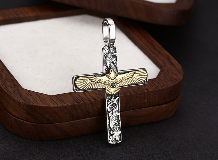Majestic Eagle Cross Pendant Two-Tone S925 Silver Baroque Freedom Amulet for Men