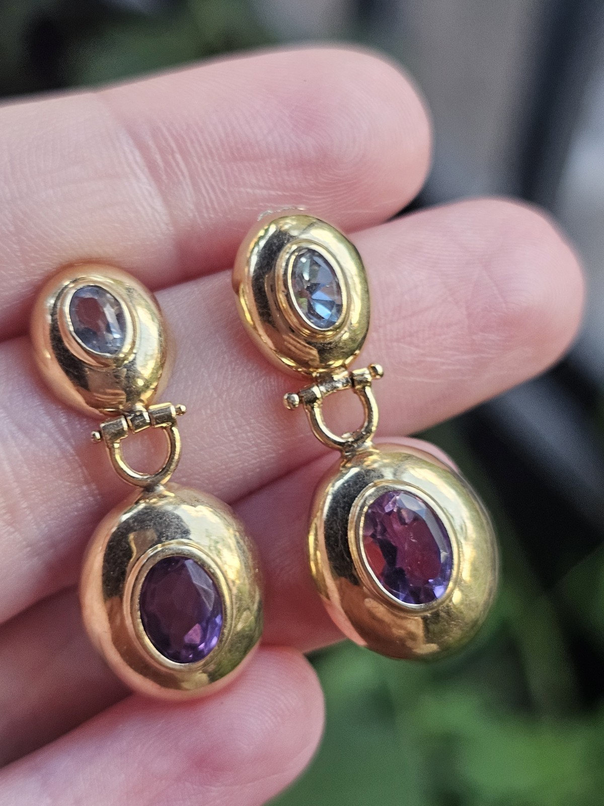 Vintage 14k Yellow Gold Purple Blue Gemstone Doorknocker Postback Earrings 3g