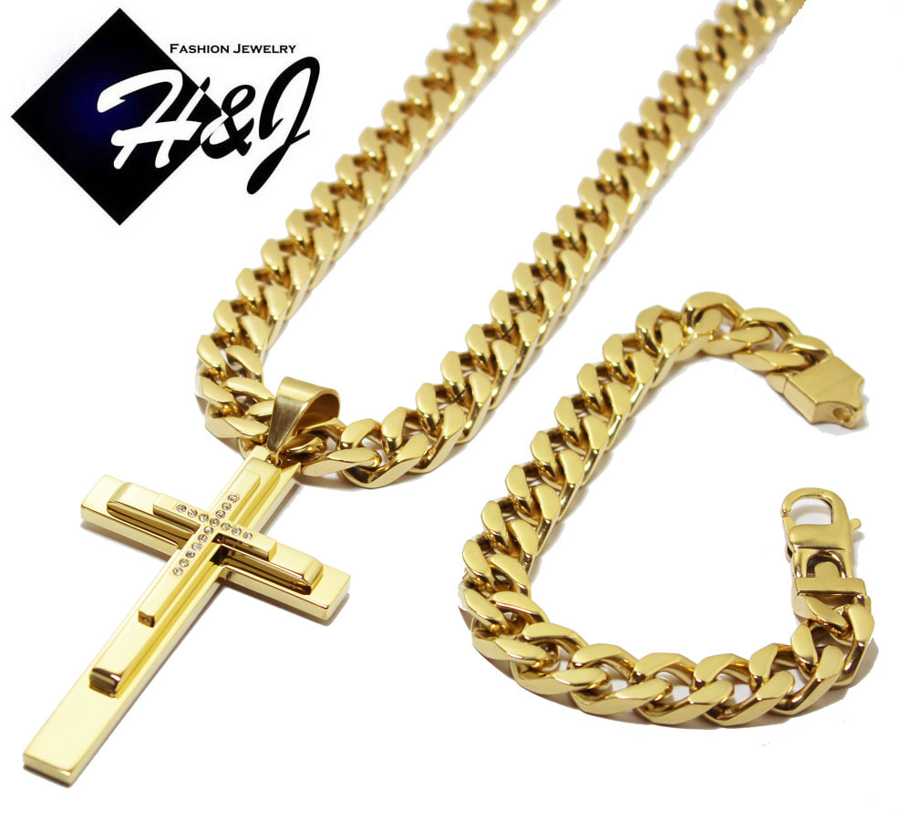 30″Stainless Steel 11mm Gold Plated Curb Chain Bracelet Cubic Zirconia Pendant*D