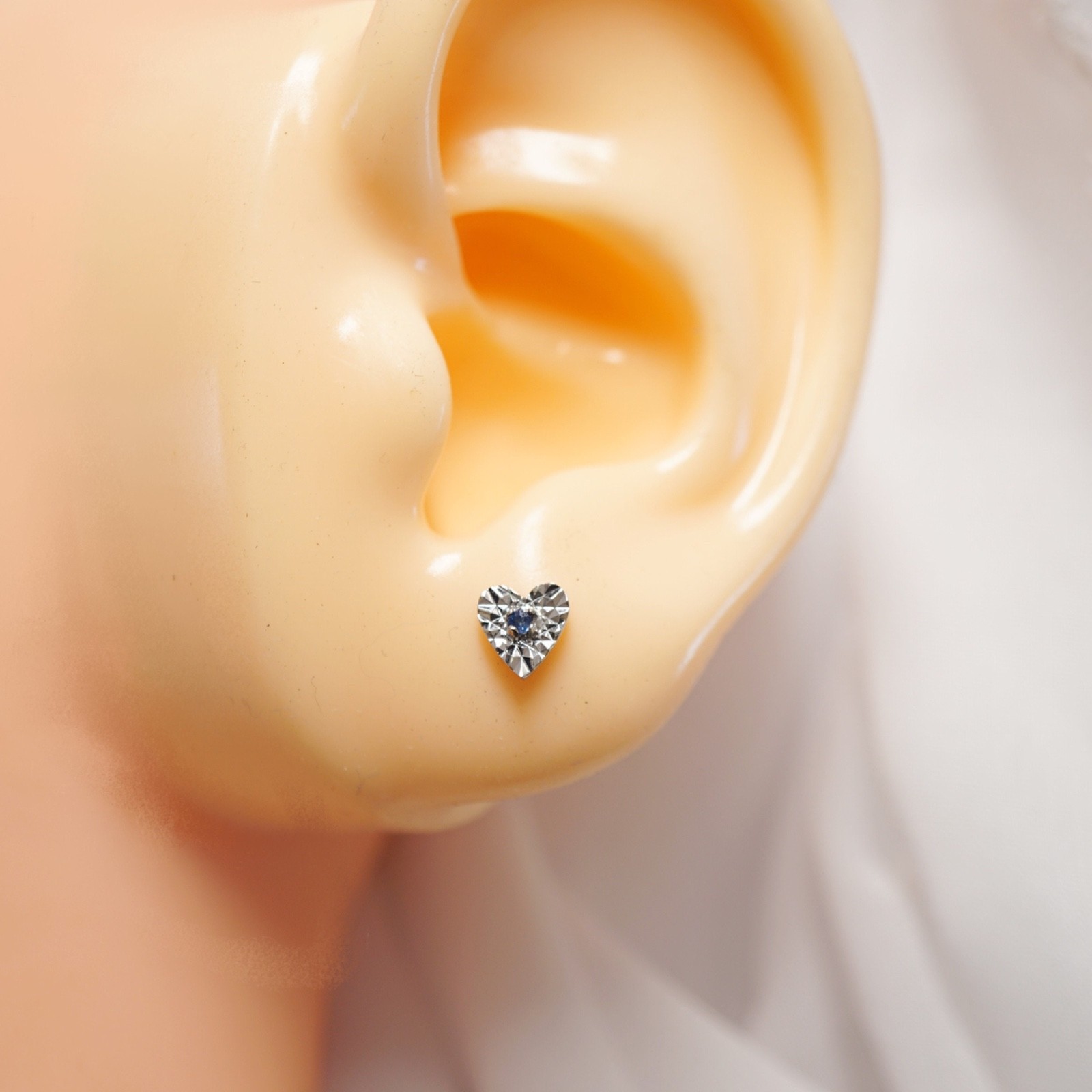 14K Solid White Gold Blue Sapphire Heart Earring, Natural Gem, Stud Push Back