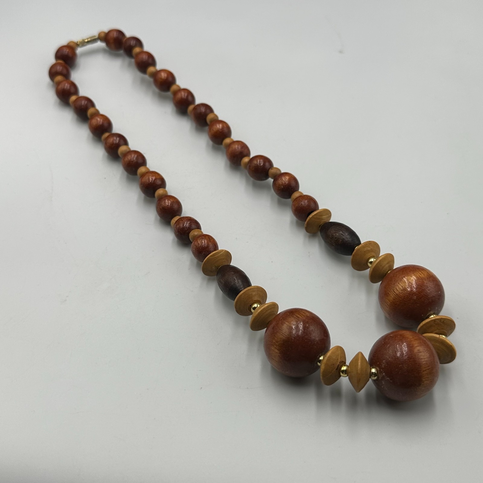Vintage Wood Bead Necklace Brown Tan Graduated Round Barrel Beads 20 Inch