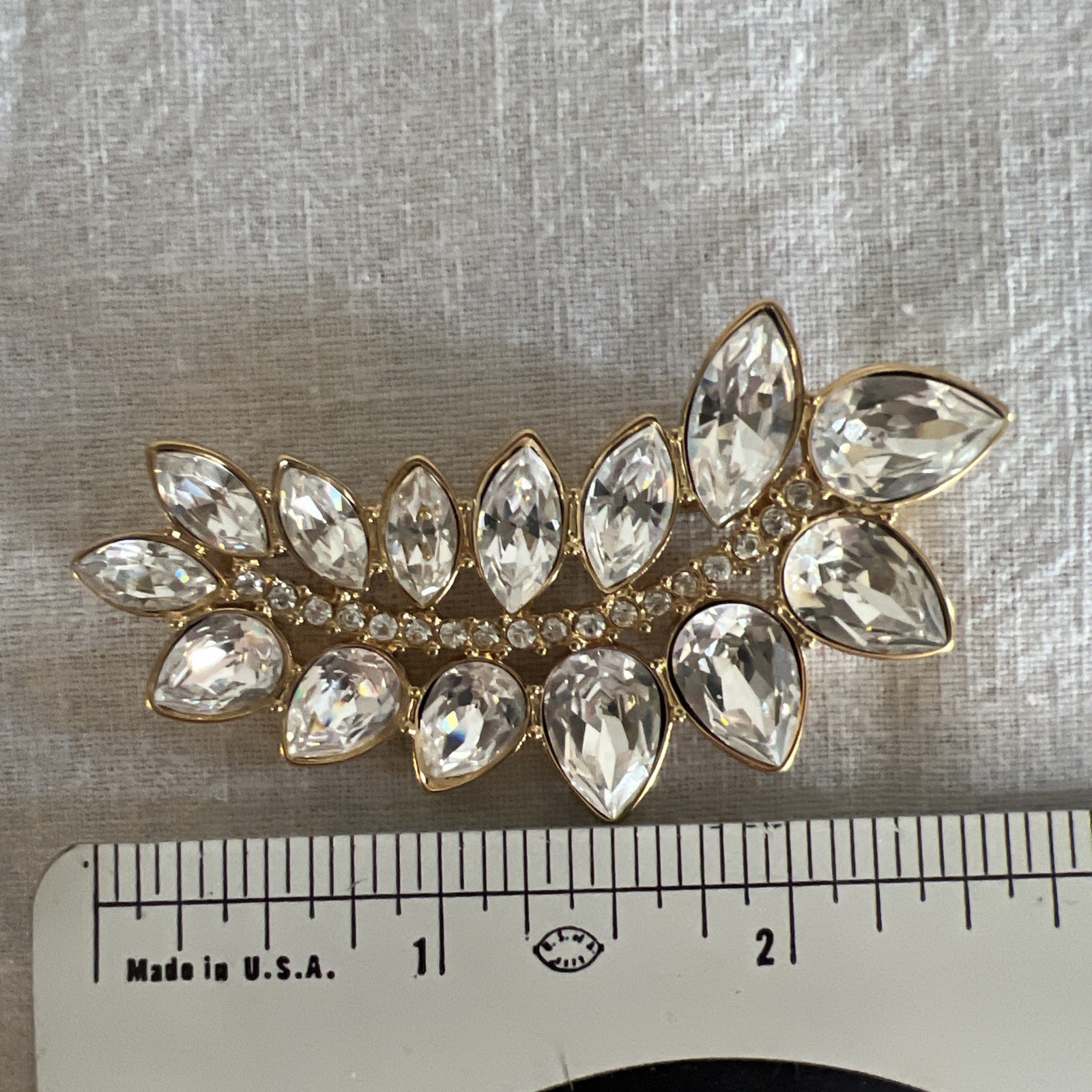 Vtg Signed Monet Gold Tone Leaf White Rhinestones Brooch Statement Pin 2 5/8 in