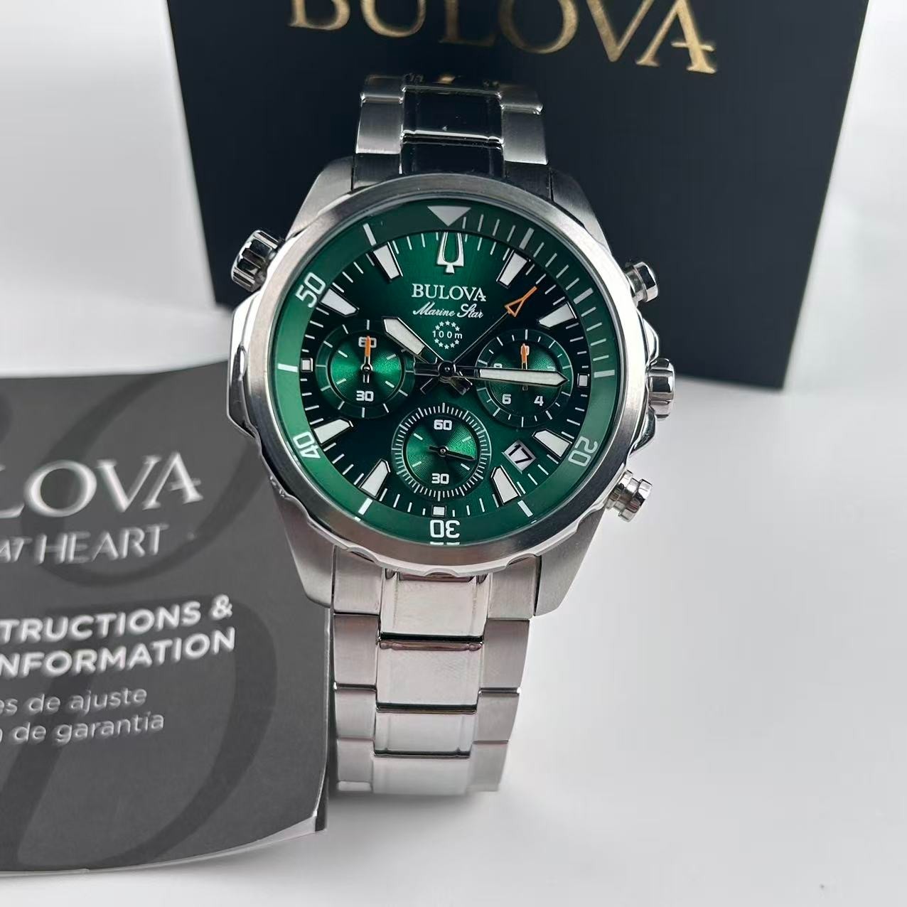 New Bulova Marine Star 96B396 Green Dial Men’s Chronograph Quartz Watch 43 mm