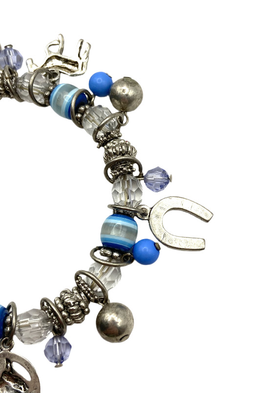 Blue-Clear Beaded Stretch Horse Horseshoe Charm Bracelet Silver Tone Equestrian